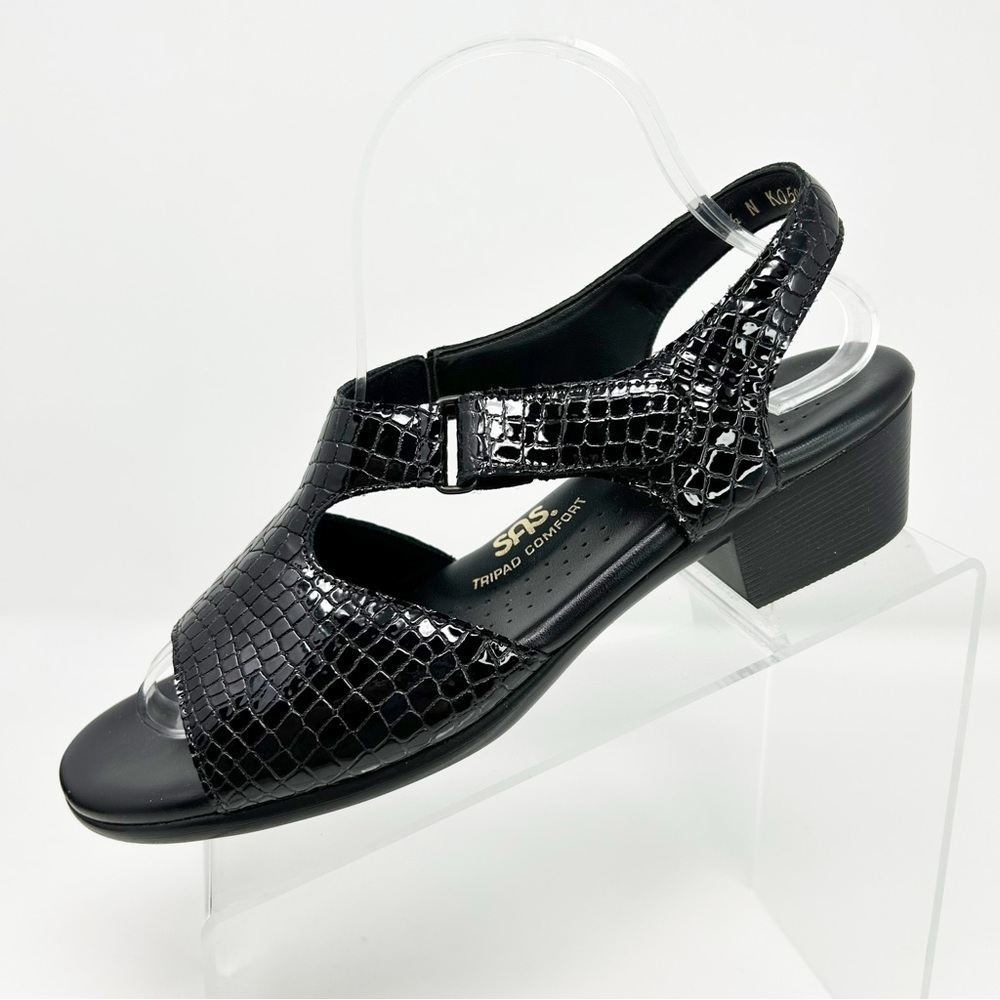 SAS Suntimer Tripad Comfort Black Croc Leather Heel Strap Sandals Size 9.5 N
